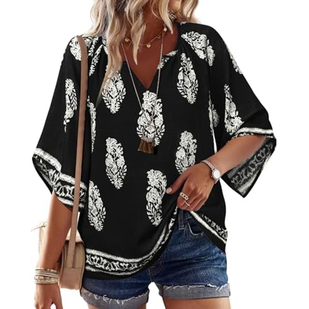 Bebonnie Black & White Bohemian Tunic Blouse - Women's XL